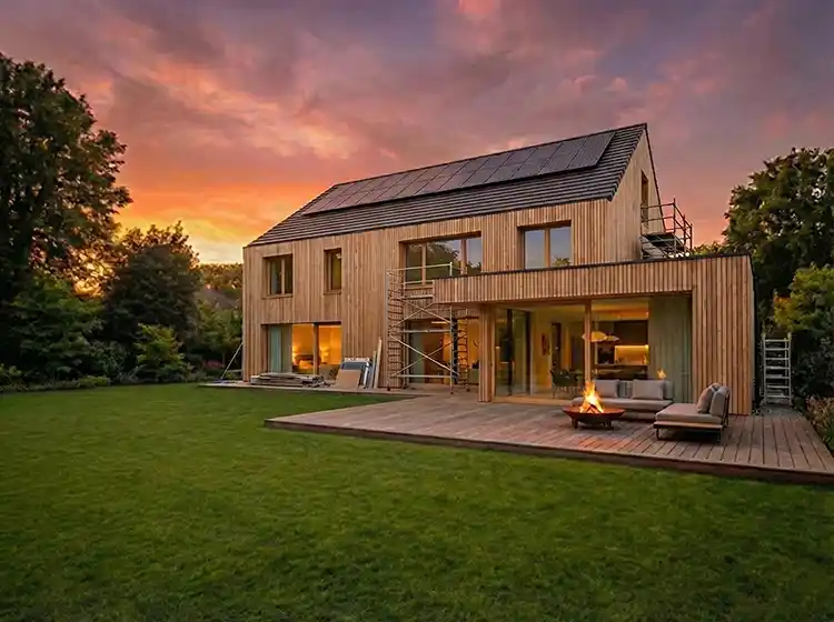Superbe maison à bardage bois avec panneaux solaires, certifiée Bâtiment Basse Consommation (BBC) suite à une rénovation énergétique. Projet d'étude thermique et d'optimisation bioclimatique réalisé par notre bureau d'études dans les Yvelines à Poissy (78).